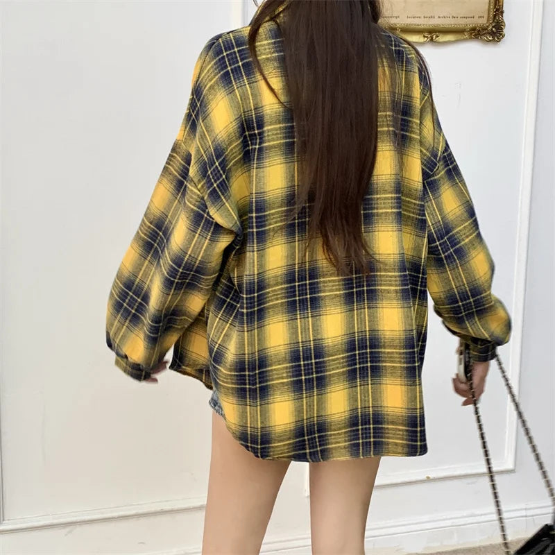 Women's Plaid Flannel Shirt Casual Button Down Long Sleeve Flannel Plaid Blouse Loose Check Shirt Female Teen-girl Preppy Outfit