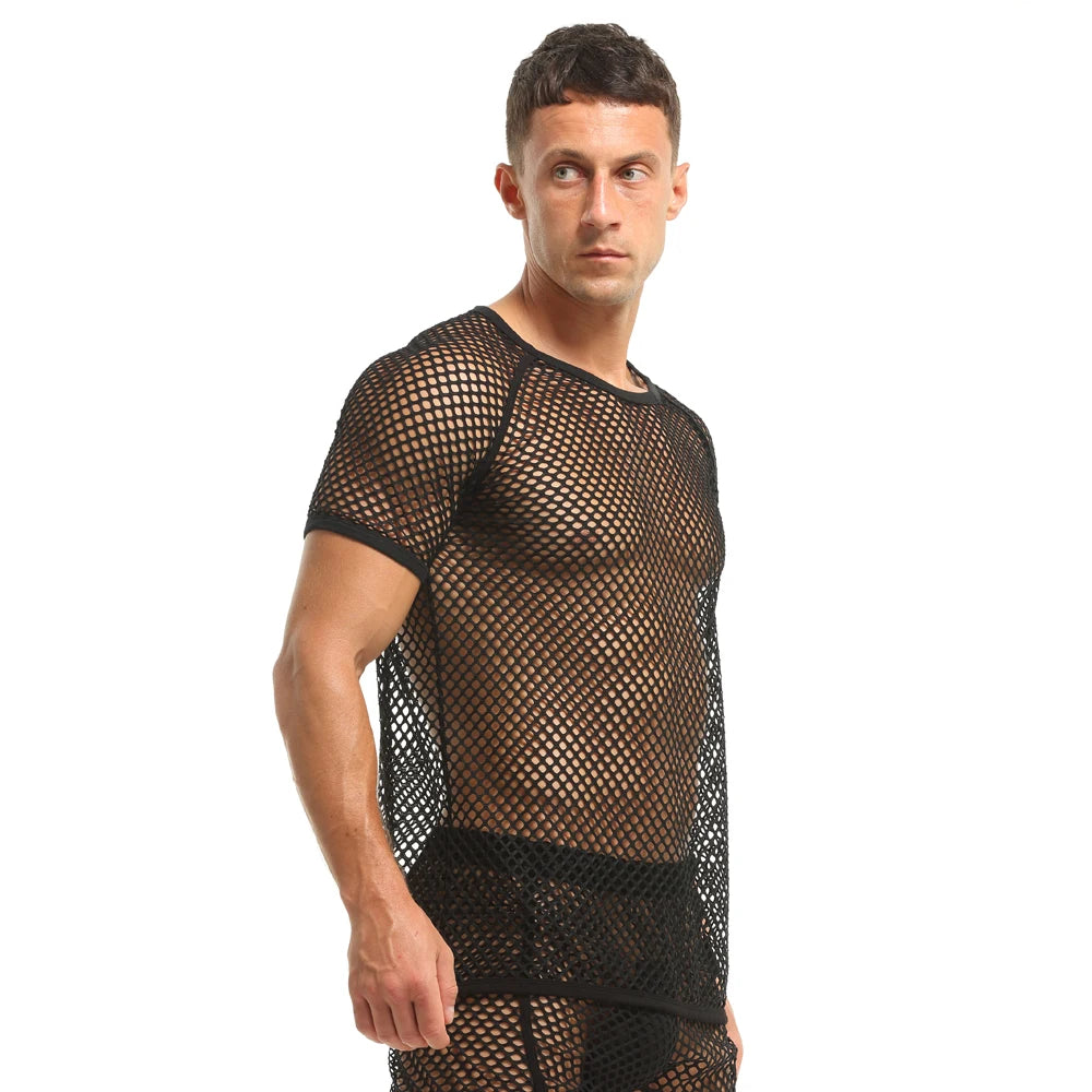 Sexy T-shirts for Men See-Through Mesh Breathable Short Sleeve Clothing Black Fashion Party Nightclub Transparent Man Shirt 2022