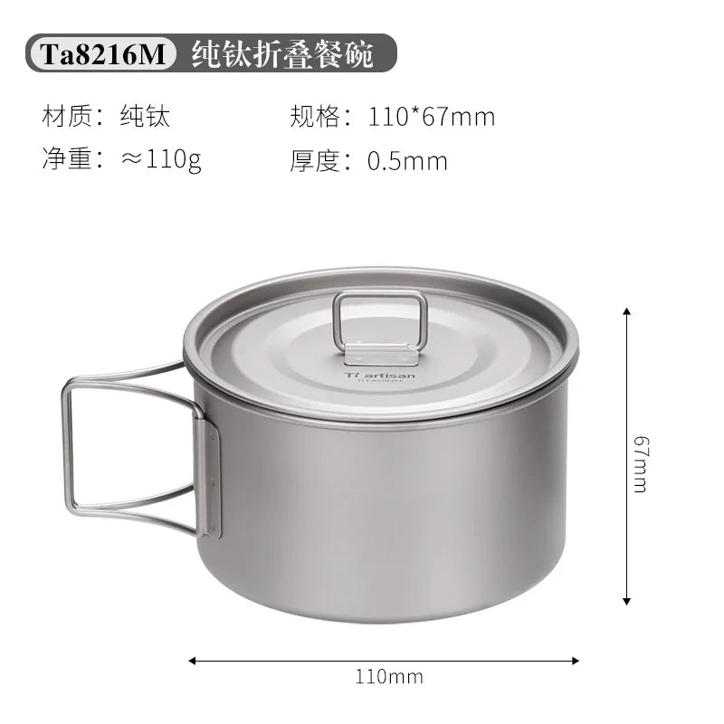 Camping Titanium Cooking Pot Bowl Cup Multi Use Ultralight Folding Handle 450ml 600ml