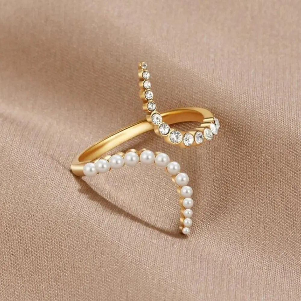 ORZTOON Fashion Creative Simple Gold Color Pearl Shiny Zircon Open Ring For Women Birthday Gift Ring For Women Party Jewelry