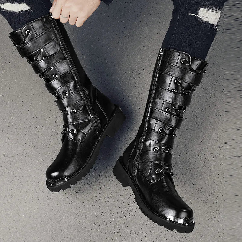 Black Motorcycle Boots Men's Leather High Boots Streetwear Designer Men Boots Punk Cowboy Boots Male Tooling Boots Big Size 46