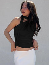 Backless Sexy Off Shoulder Halter Tank Tops Women Vintage Sleeveless Crop Top Y2K Clothes Club Female Casual Summer