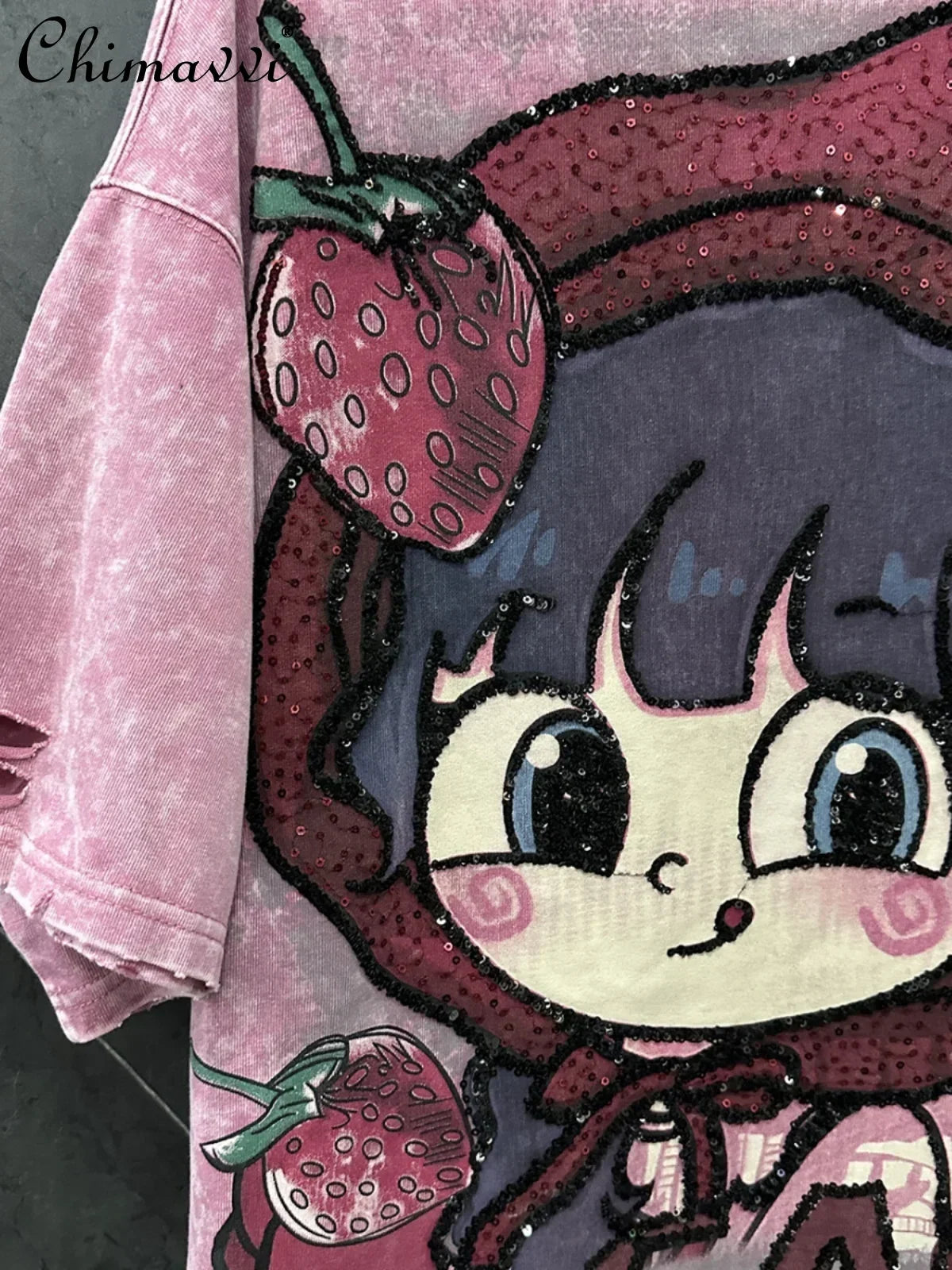 Fashion Hole Design Cartoon Strawberry Girl Sweet T-shirt Top Winter Loose Short-sleeved Women Half-sleeved Tshirts for Women
