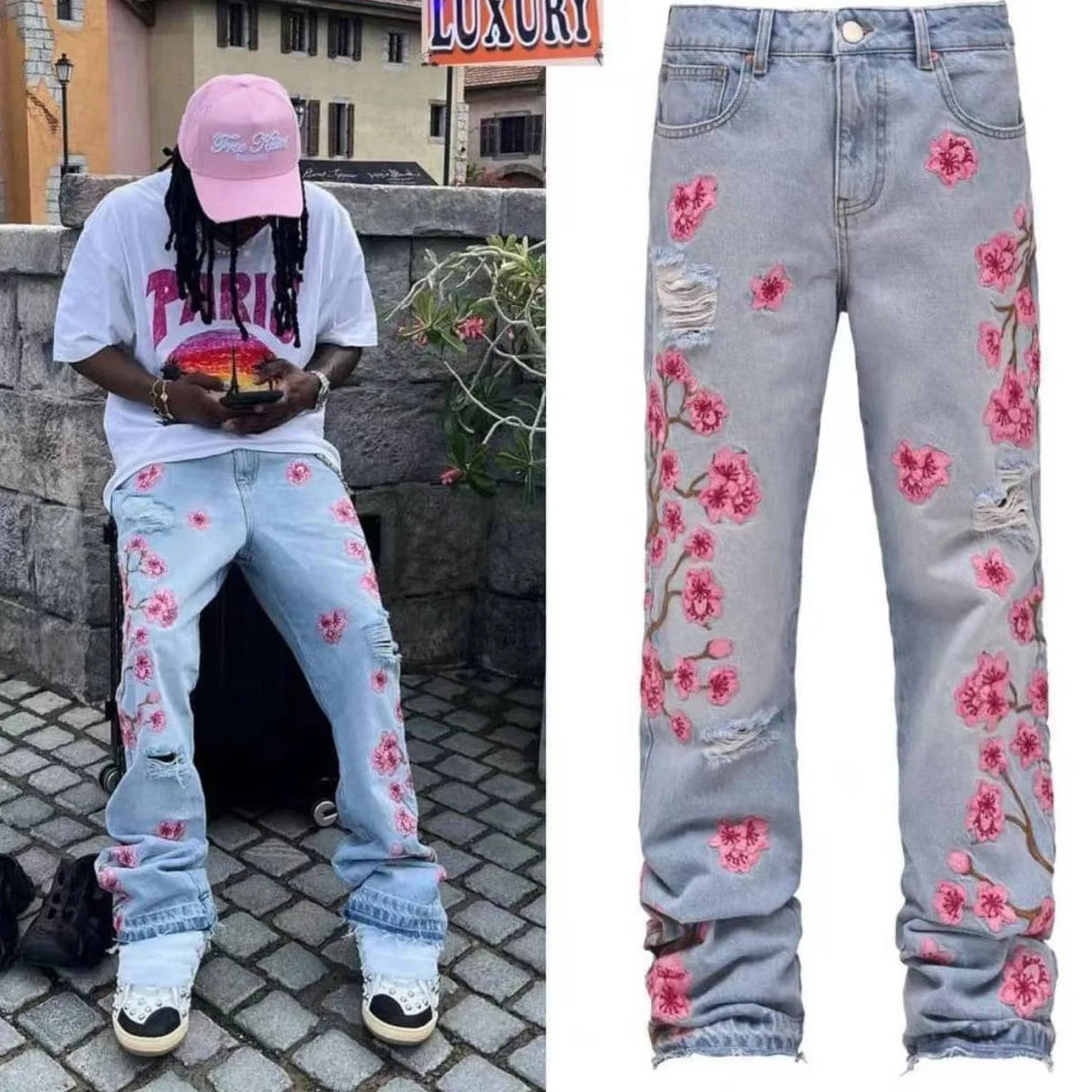 European New Stacked Jeans For Men Ripped Holes Floral Patchworks Denim Pants Male's Fashion Clothes