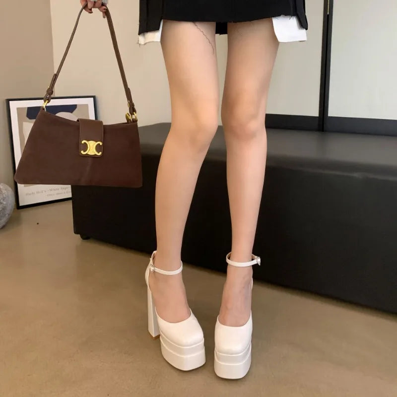 Size 14CM Super High Heels For Women Cozy Black White Leather Peep Toe Party Club Stripper Shoes Platform Pumps