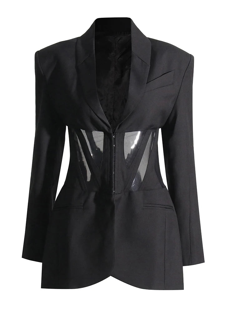 Patchwork Mesh Slimming Blazer For Women Notched Collar Long Sleeve Tunic Spliced Pocket Sexy Blazers Female New