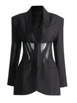 Patchwork Mesh Slimming Blazer For Women Notched Collar Long Sleeve Tunic Spliced Pocket Sexy Blazers Female New