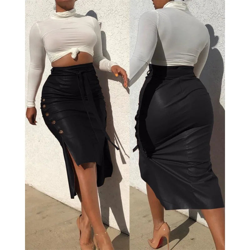 Autumn and Winter Leather Skirt Women Slim Mid Length Hip PU Short Skirts for Women