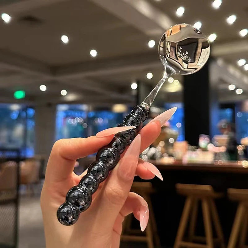 Stainless Steel Spoon Korean Long Handle Tableware Thicken Stirring Ice Spoon Meal Spoon Household Dinner Spoon