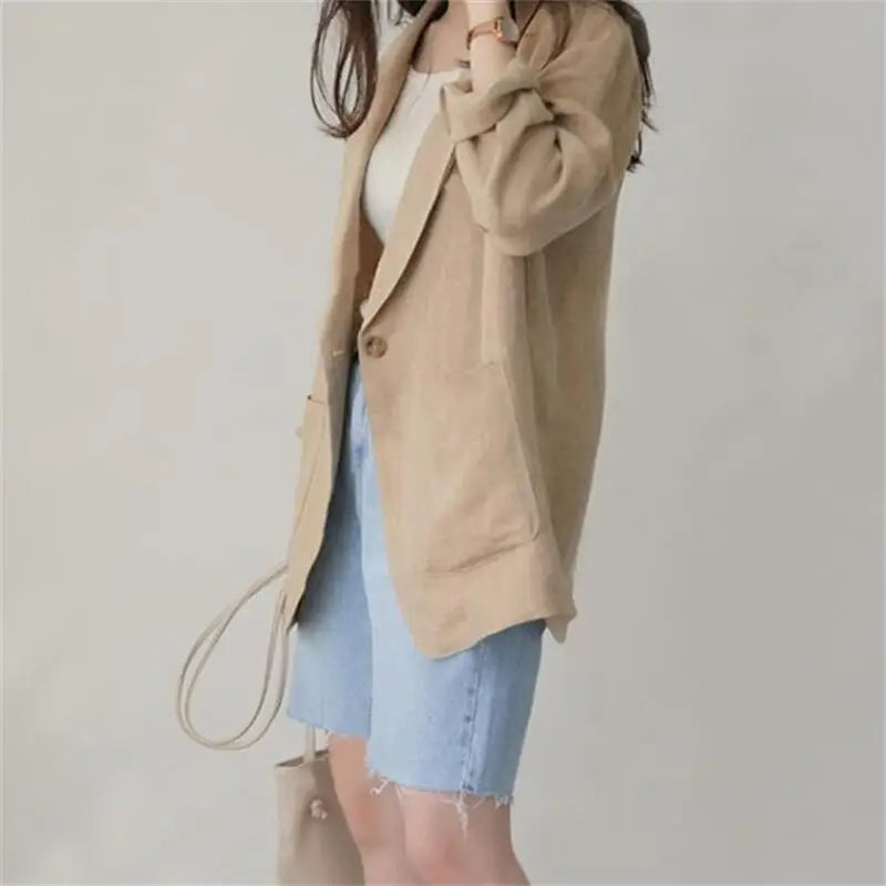 2025 Spring and Summer Korean New Style Herringbone Linen Loose Simple Long-sleeved Casual Blazer for Women