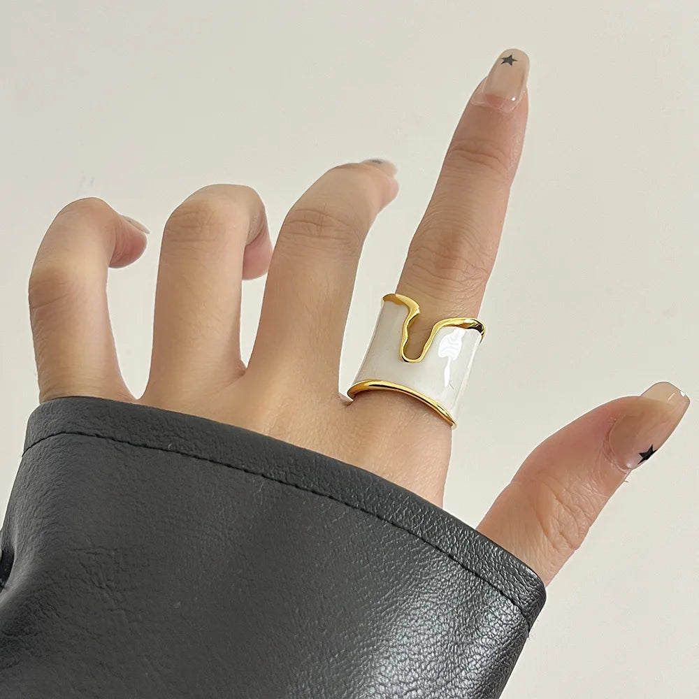Retro Irregular Glossy Glazed Metal Open Ring for Women