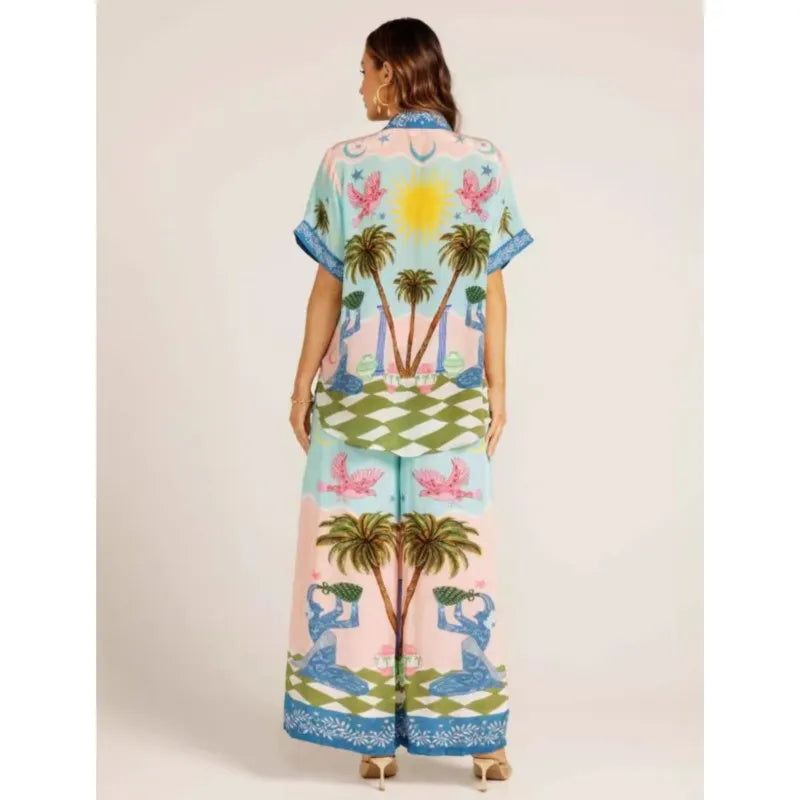 Pants Sets For Women 2025 Summer Fashion Printed Half Sleeve Shirt Suits Casual Loose High Waisted Female Wide Leg Pants Outfits