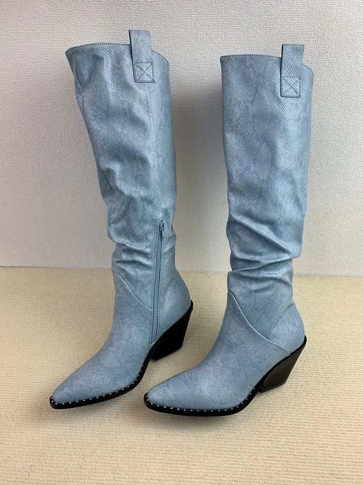 Designer Brand New Fall Winter Pointy Toe Thick Heel Serpentine Vintage Boots Botas De Invierno Para Mujer Hot Selling