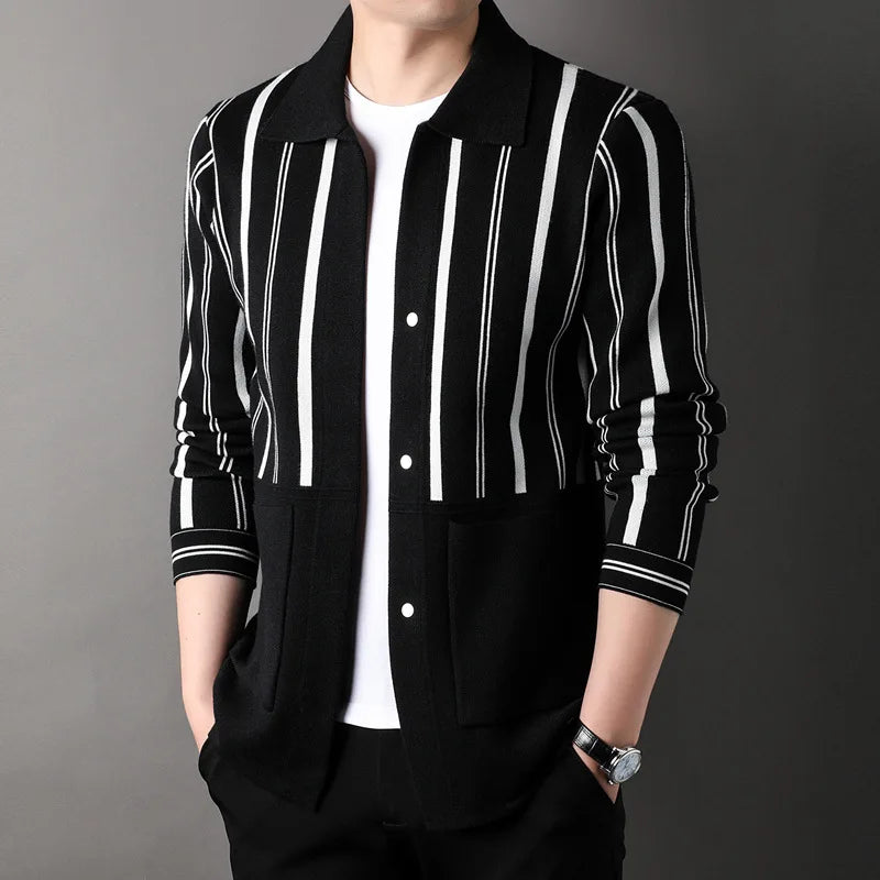 Middle-Aged Men's Cardigan Knitted Long-Sleeve T-Shirt Spring and Autumn New Model Collar Stripe Father's Leisure Sweater Coat