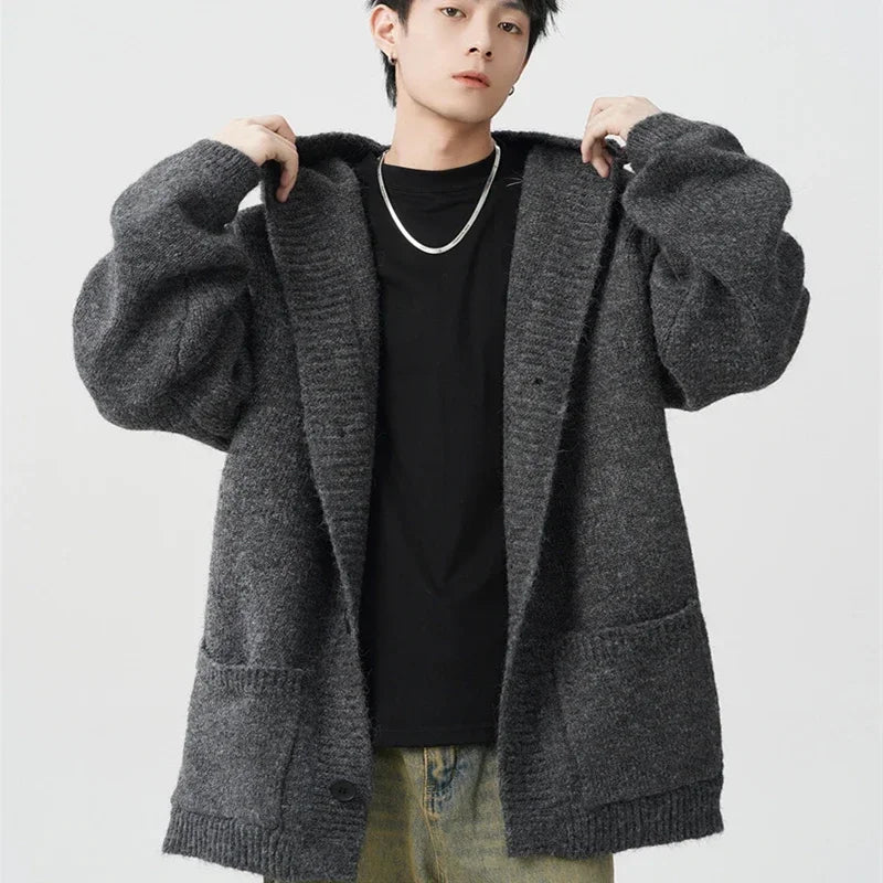 Spring Gray Woollen Knitted Cardigan Hooded Sweater For Men Pockets Korean Fashion Knitwear Jacket Y2K Vintage Jumpers Hombre