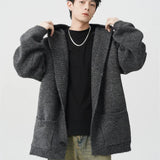 Spring Gray Woollen Knitted Cardigan Hooded Sweater For Men Pockets Korean Fashion Knitwear Jacket Y2K Vintage Jumpers Hombre