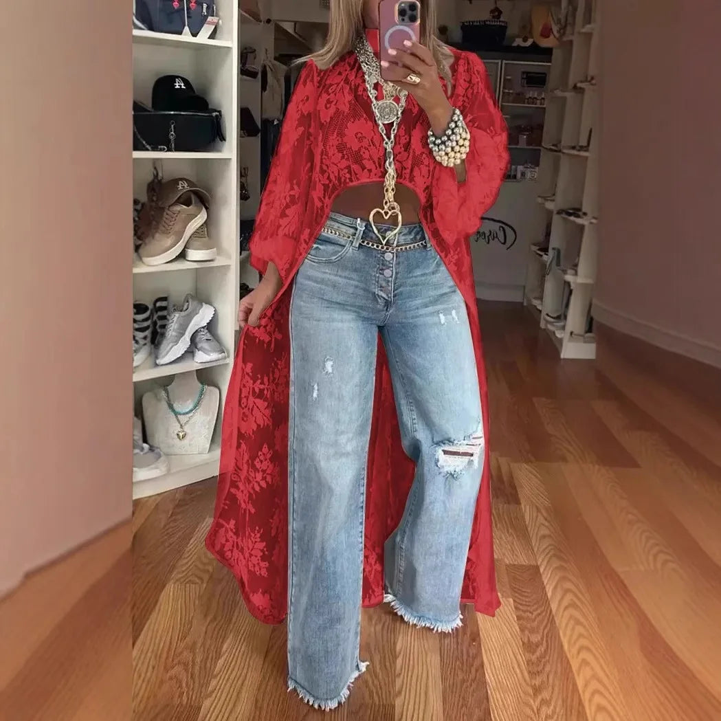 Spring Summer Fashion Solid Color Lace Blouses Women Sexy Perspective High Neck Irregular Holiday Tops Elegant Dress Women Y2k