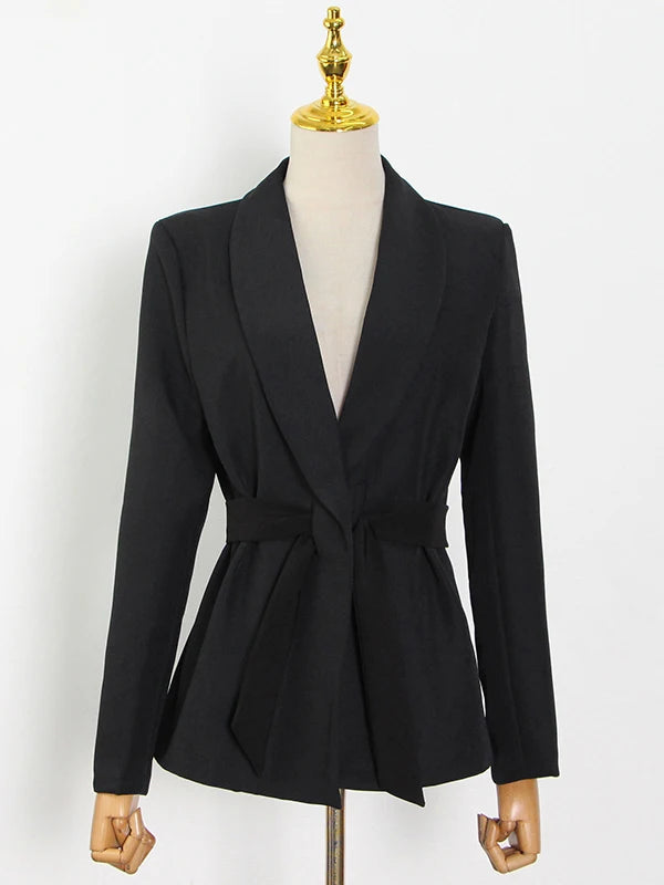 TWOTWINSTYLE Elegant White Blazer For Women Notched Long Sleeve Tunic Sashes Solid Minimalist Blazers Female Fashion New Spring