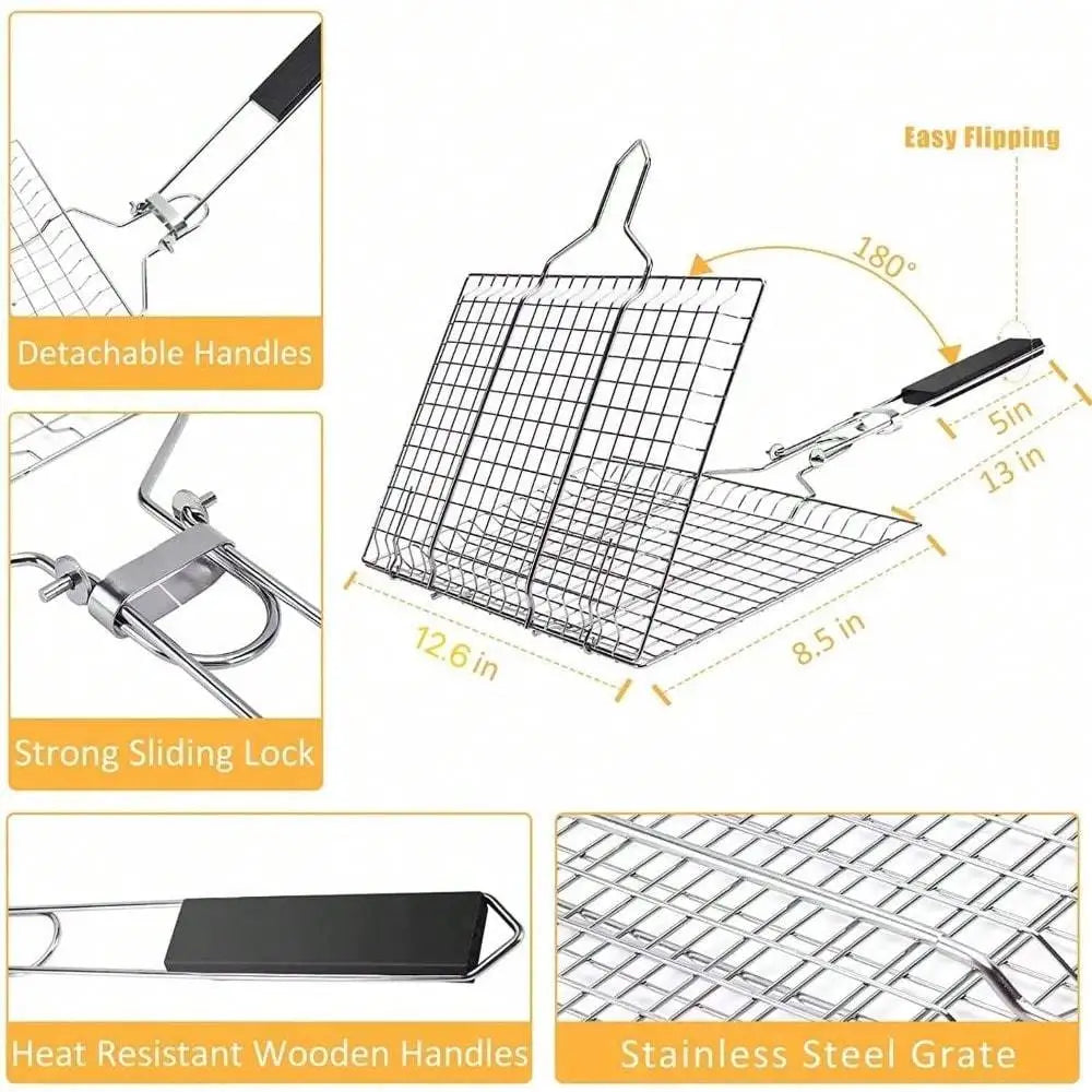 1pc Folding Outdoor Camping Stainless Steel BBQ Rack With Removable Handle Grilling Basket Barbeque Griller Cooking Tools