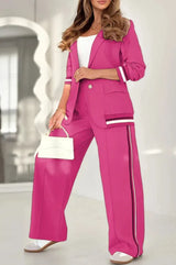 Pant Sets Women Wide Leg Pants Two Piece Set Button Coats Matching Sets Patchwork High Waist Elegant Trousers Pockets Sporty