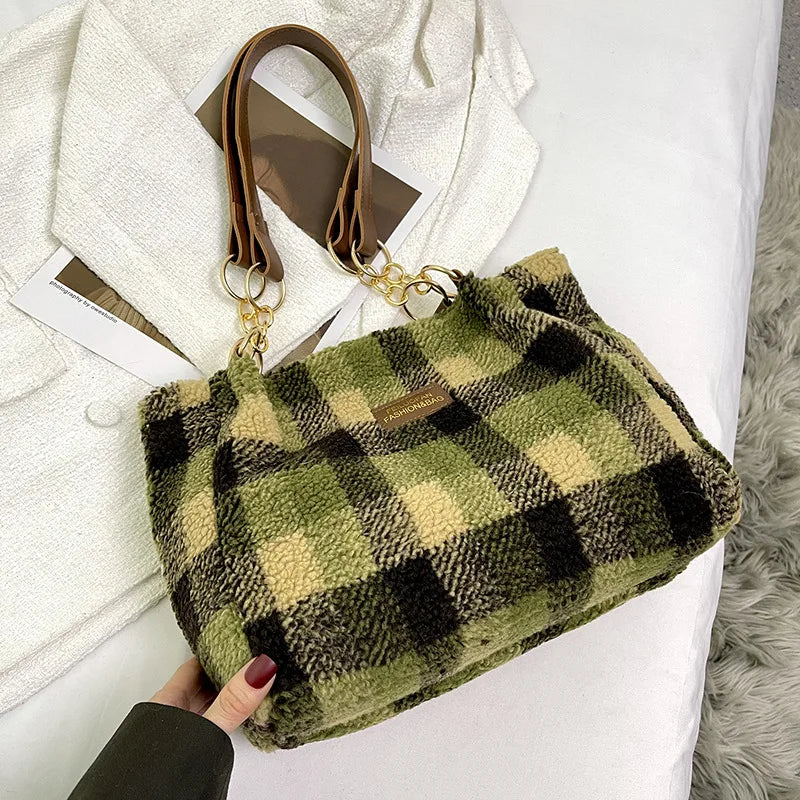 Women's Tote Bag Plaid Pattern Sherpa Large Capacity Tote Bag Shopping Chroma Handbag
