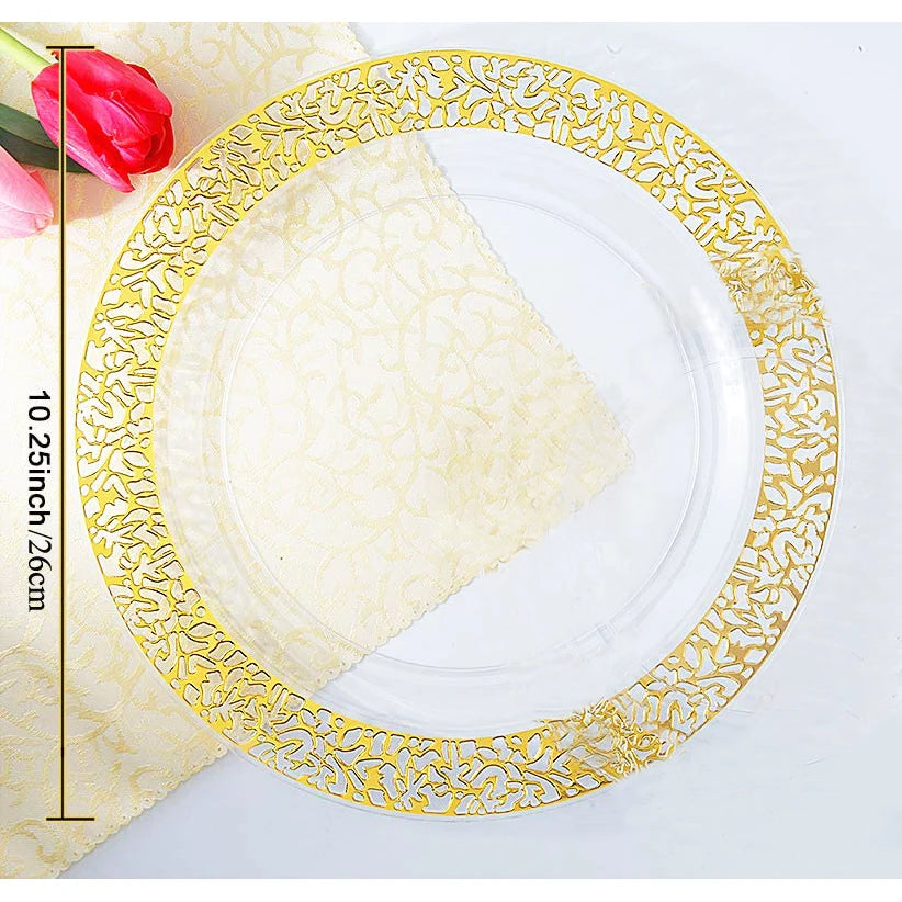 Gold Plastic Plates-Clear Plastic Party Plates, Premium Heavyweight Disposable Wedding Plates Dinner Plates Desser for holidays