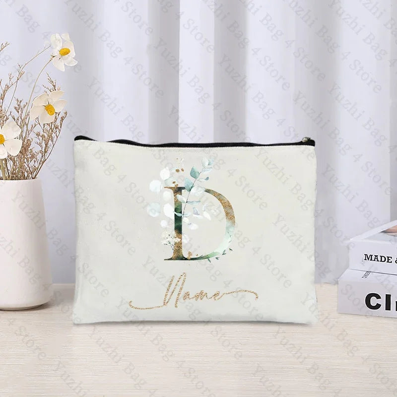 26 letters Flowers Custom Name Printed Makeup Bag Bridesmaid Wedding Makeup Box Gift Organizer Travel perfume Toilet Side Bag