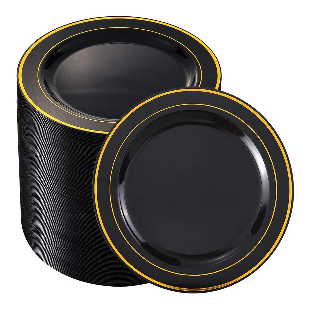 50/25Pieces Black Plastic Plates with Gold Rim-7.5inch Disposable Salad/Dessert Plates Party Plates-Ideal for Weddings& Parties