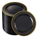 50/25Pieces Black Plastic Plates with Gold Rim-7.5inch Disposable Salad/Dessert Plates Party Plates-Ideal for Weddings& Parties