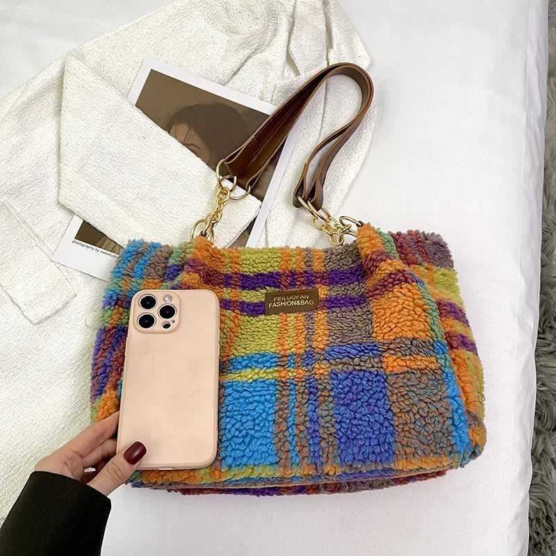 Women's Tote Bag Plaid Pattern Sherpa Large Capacity Tote Bag Shopping Chroma Handbag