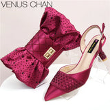 2025 Heel Shoes for Women Hollowed Out Embroidery Rhinestone Italian Design Green Color Pointed-Toe Shoes and Bags Set
