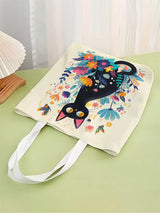 1pc,black cat tote bag, reusable fashion tote bag, multi-functional tote bag, printed canvas shopping bag