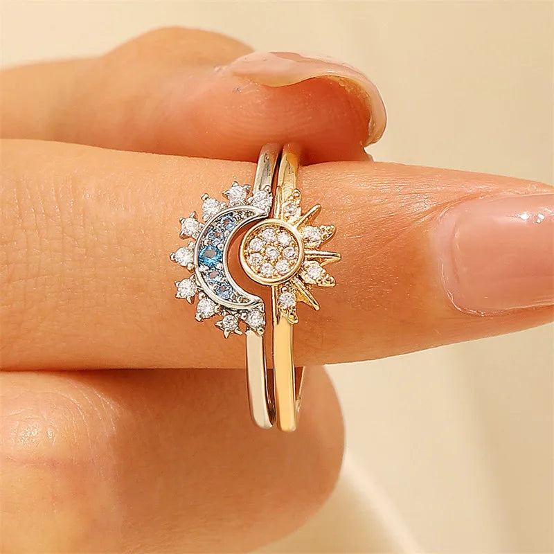 2Pc/set Sparkling Ring Riyue Suitable Ring for Women To Wear Fashion Female Sun Moon Star Ring Cubic Zircon Ring for Women Gifts