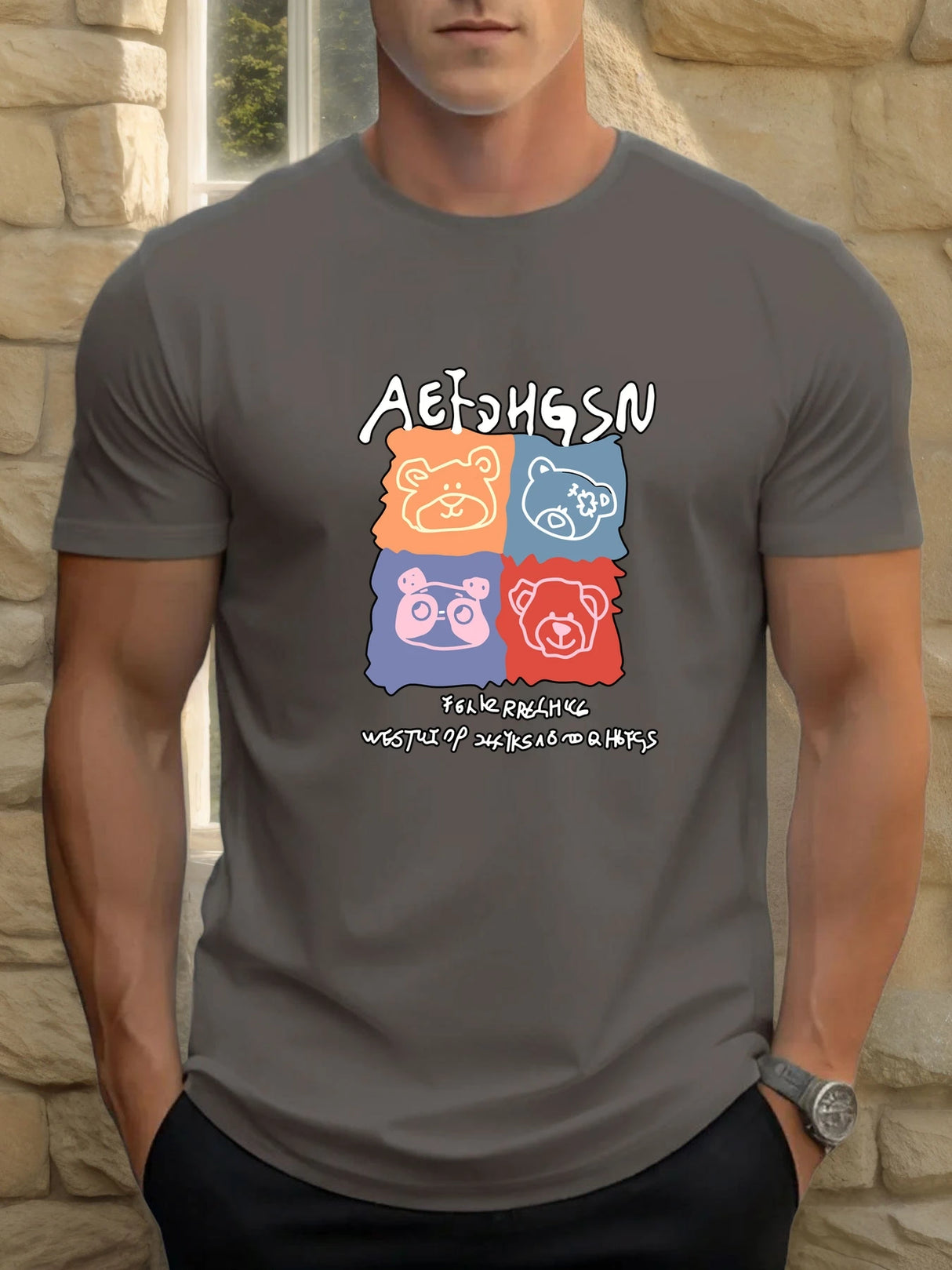 T Shirts For Men Bear 100% Cotton Graphic Printing Summer Round Neck T-Shirt Casual Breathable Street Style Daily Top