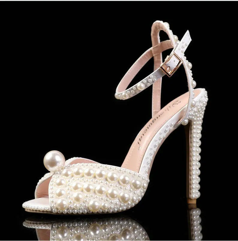 Sweet Handmade Pearl Stiletto Line With Shallow Cut Party Wedding Shoes Thick Heels High Heels For Women