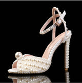 Sweet Handmade Pearl Stiletto Line With Shallow Cut Party Wedding Shoes Thick Heels High Heels For Women