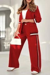 Pant Sets Women Wide Leg Pants Two Piece Set Button Coats Matching Sets Patchwork High Waist Elegant Trousers Pockets Sporty