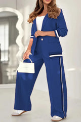 Pant Sets Women Wide Leg Pants Two Piece Set Button Coats Matching Sets Patchwork High Waist Elegant Trousers Pockets Sporty