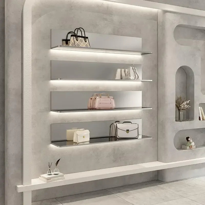 Shoe Bag Display Storage Rack with Lamp Modern Stainless Steel Wall Store Display Shelf Floating Wall Shelves Organization Racks