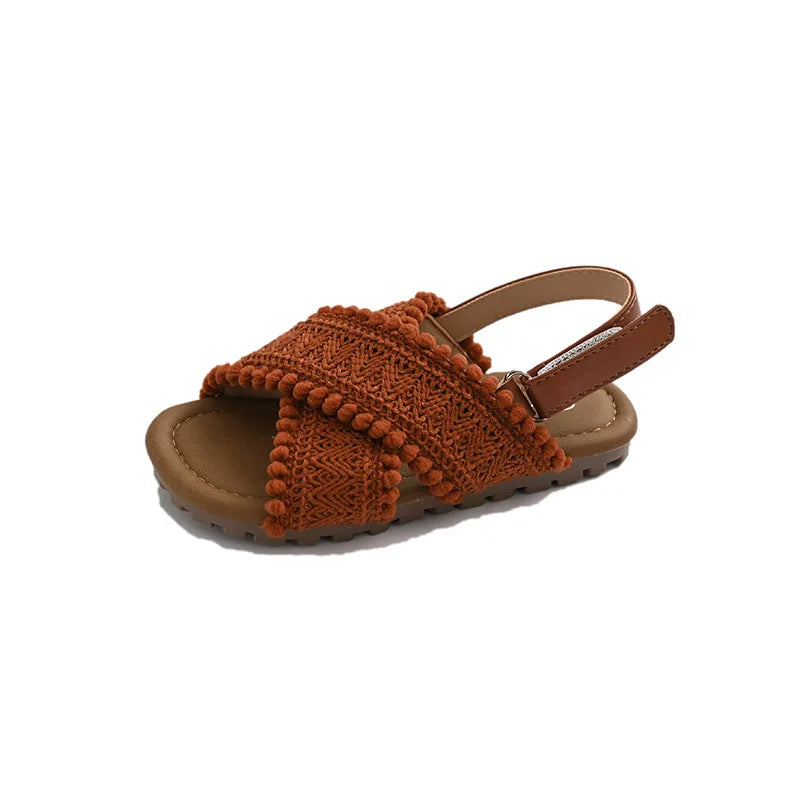 Girls Sandals Weave Retro Ins Trendy Kids Beach Shoes Korean Style 2025 Summer New Children Casual Shoes Slippers Non-slip
