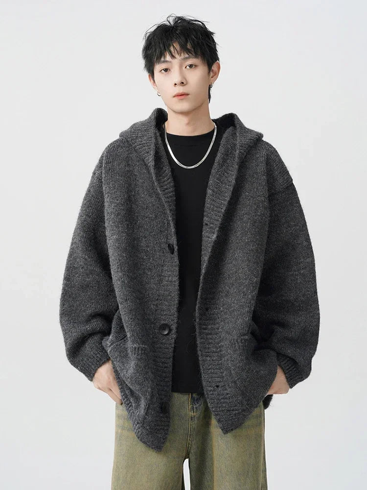 Spring Gray Woollen Knitted Cardigan Hooded Sweater For Men Pockets Korean Fashion Knitwear Jacket Y2K Vintage Jumpers Hombre