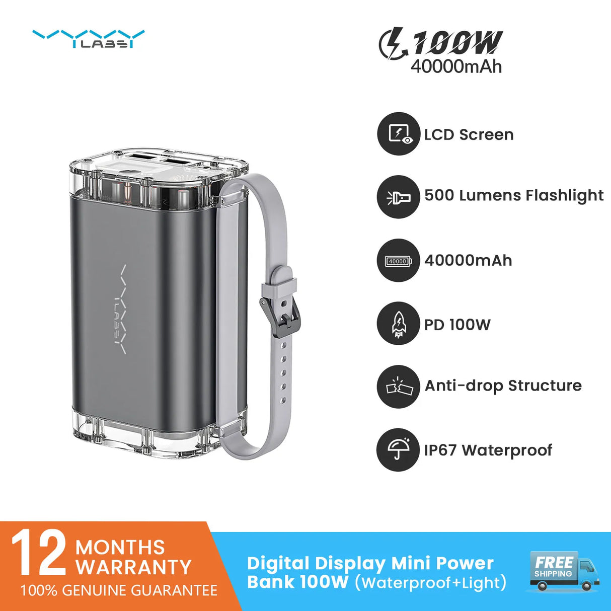 Vyvylabs 40000mAh100W Power Bank Fast Charging Battery High Capacity Waterproof Powerbank Charger  Outdoor Light Powerbank