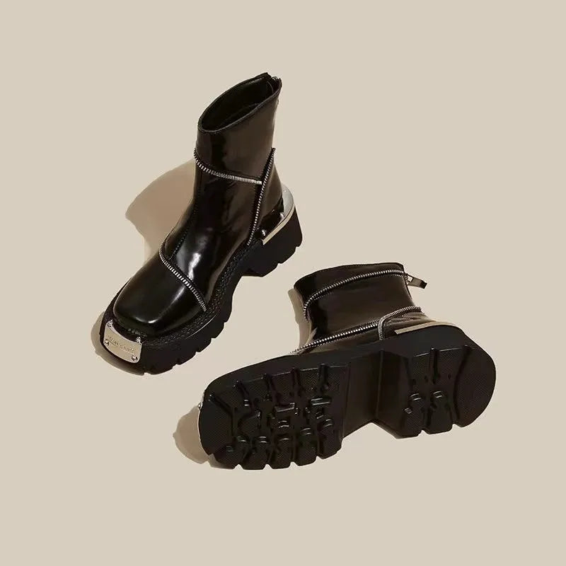 High Quality Black Shoes for Women Platform Boots Street Round Toe Ladies Shoes Non-slip Thick-soled Goth Boots Zapatos De Mujer