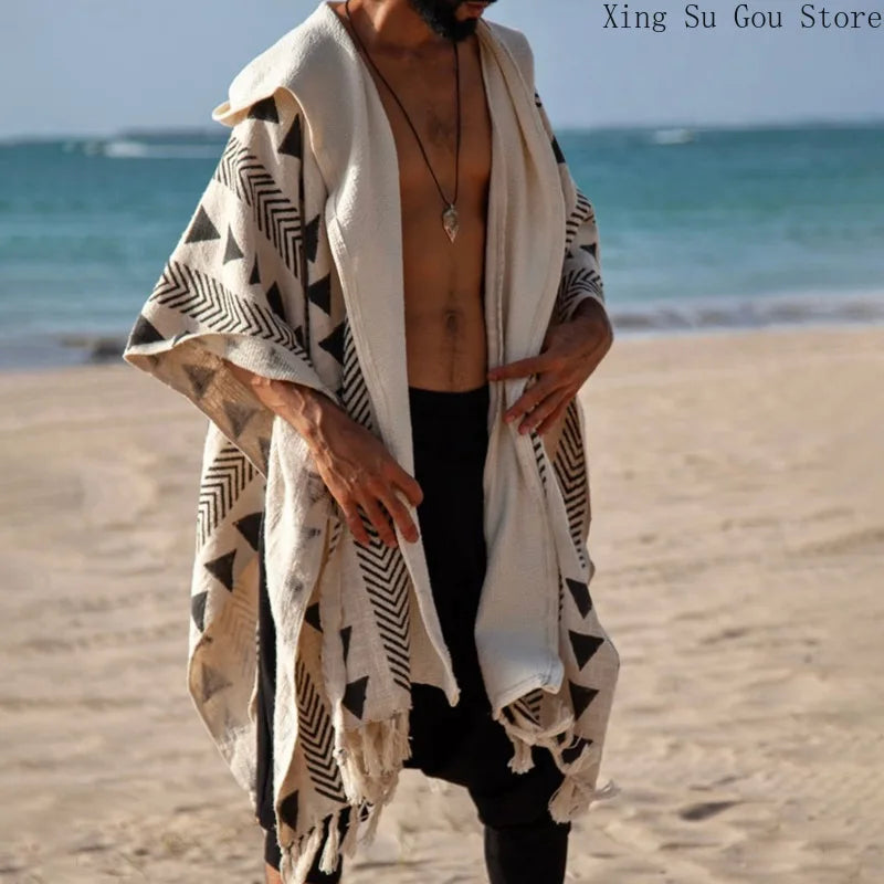 Beach Holiday Men's Shawl Coat Men's Summer Mid-length Loose Casual Shawl Hooded Long Cape
