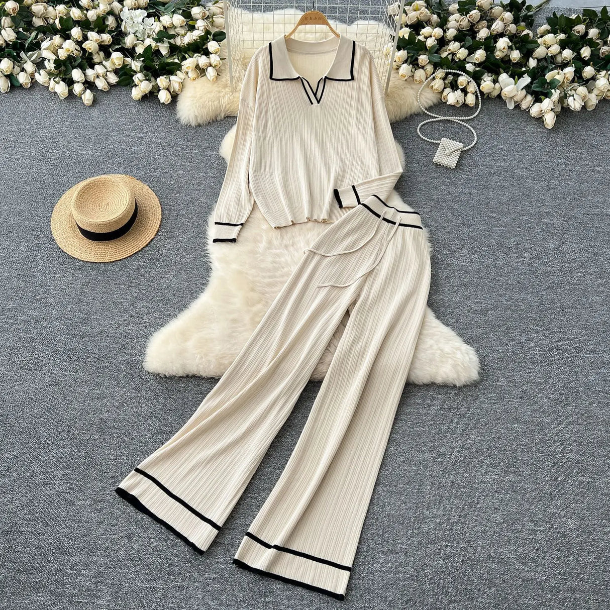 Pant Set Women Two Piece Sets Full Sleeve Turn Down Collar Tops Wide Leg Long Pants Y2k Streetwear Work High Waist Autumn Winter