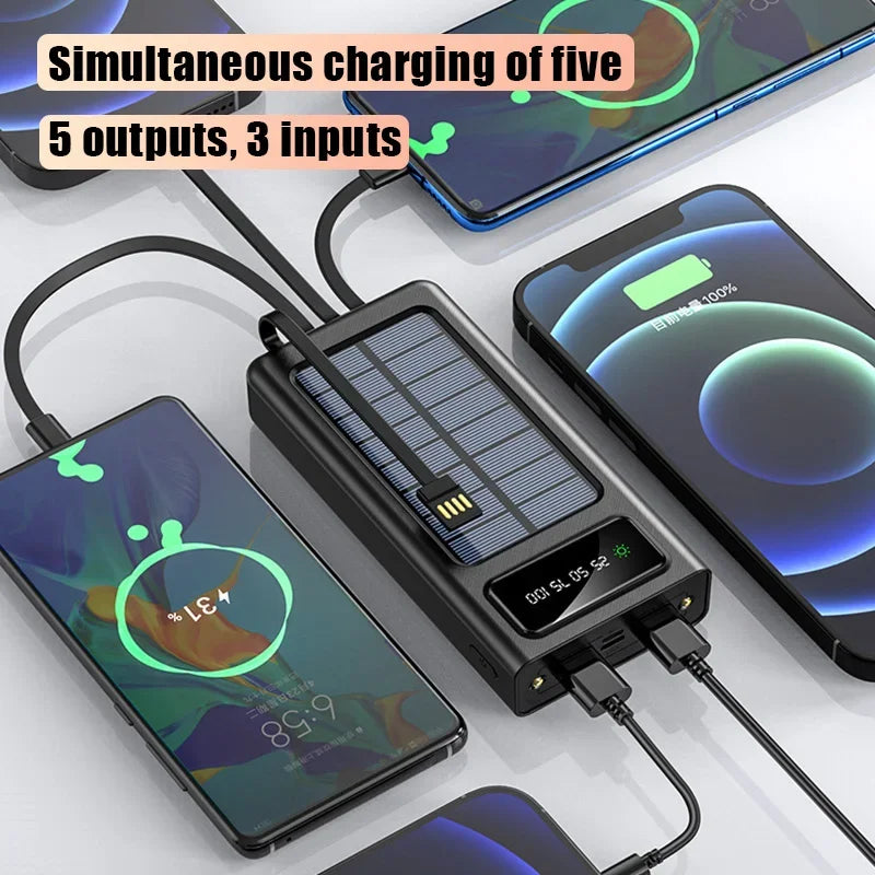 Lenovo 200000mah Large Capacity Solar PowerBank Built 4 Cables Portable Fast Charging Usb Ports Charger Powerbank For All Phones
