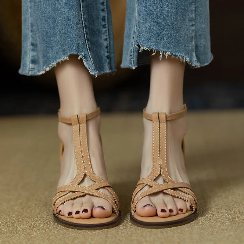 Sandals for women 2025 new summer hollow out versatile mid heel Roman high heels bag heel women's shoes