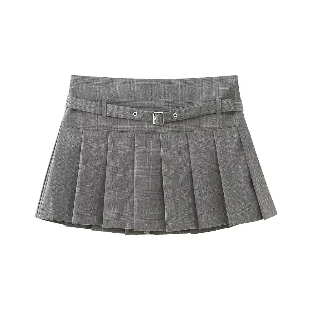 TRZA-Pleated Shorts Skirts for Women, With Belt,Side Zipper, Mid Waist, Female Skort,Fashion