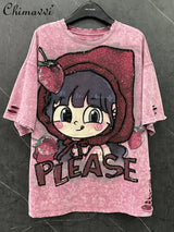 Fashion Hole Design Cartoon Strawberry Girl Sweet T-shirt Top Winter Loose Short-sleeved Women Half-sleeved Tshirts for Women