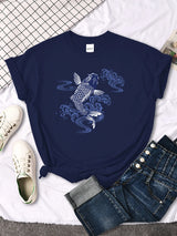 Tshirt For Woman Paper Cut Koi Good Luck Printing Womens T Shirt Kawaii Fashion Women Top Roud Neck Breathable Tshirts For Women
